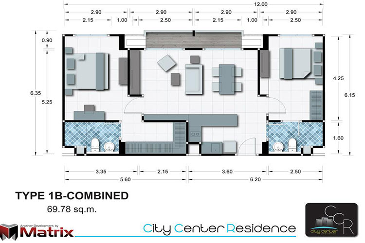 2 Bedroom Type 1B-1 Combiend ในโครงการ ซิตี้ เซ็นเตอร์ เร...