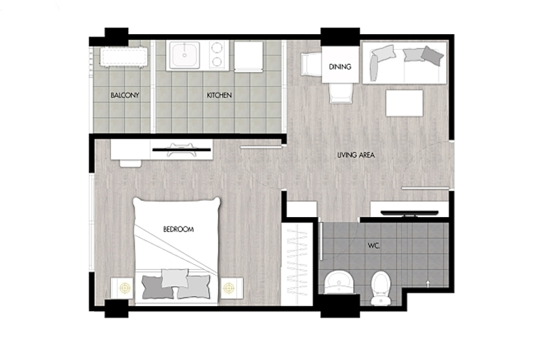 1 Bedroom Type B ในโครงการ นิช ไอดี พระราม 2 เฟส 2