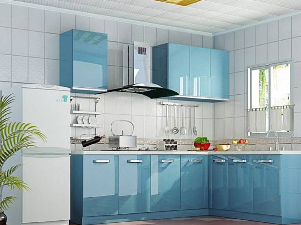  ห้องครัวสีขาวตัดสลับกับสีฟ้า 