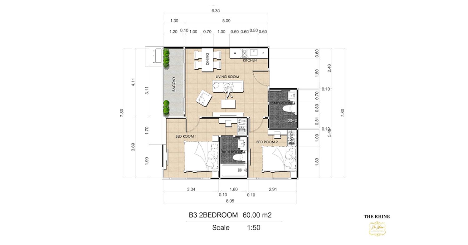 2 Bedroom ในโครงการ เดอะ ไรน์ คอนโดมิเนียม จอมเทียน, ภาพที่ 4